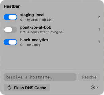 The HostBar popover: three profiles — staging-local on with time remaining, block-analytics on with no expiry, point-api-at-bob off — a hostname field, and a Flush DNS Cache button.