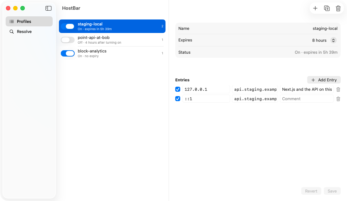The HostBar window with the staging-local profile selected: two entries for api.staging.example.com, an 8-hour expiry picker, and the status line showing it expires in 5h 39m.